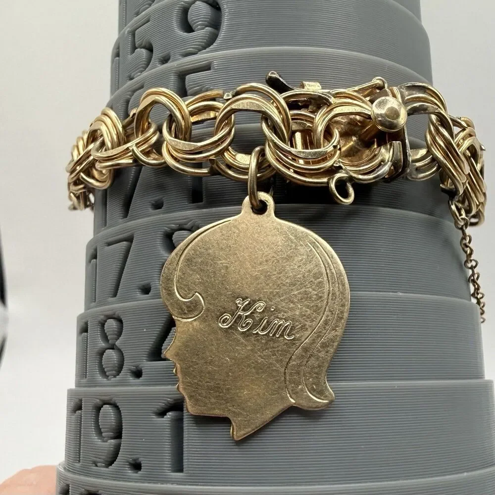 Vintage Estate 12k Gold Filled Double Link Charm Bracelet School 1950s 1960s 22g